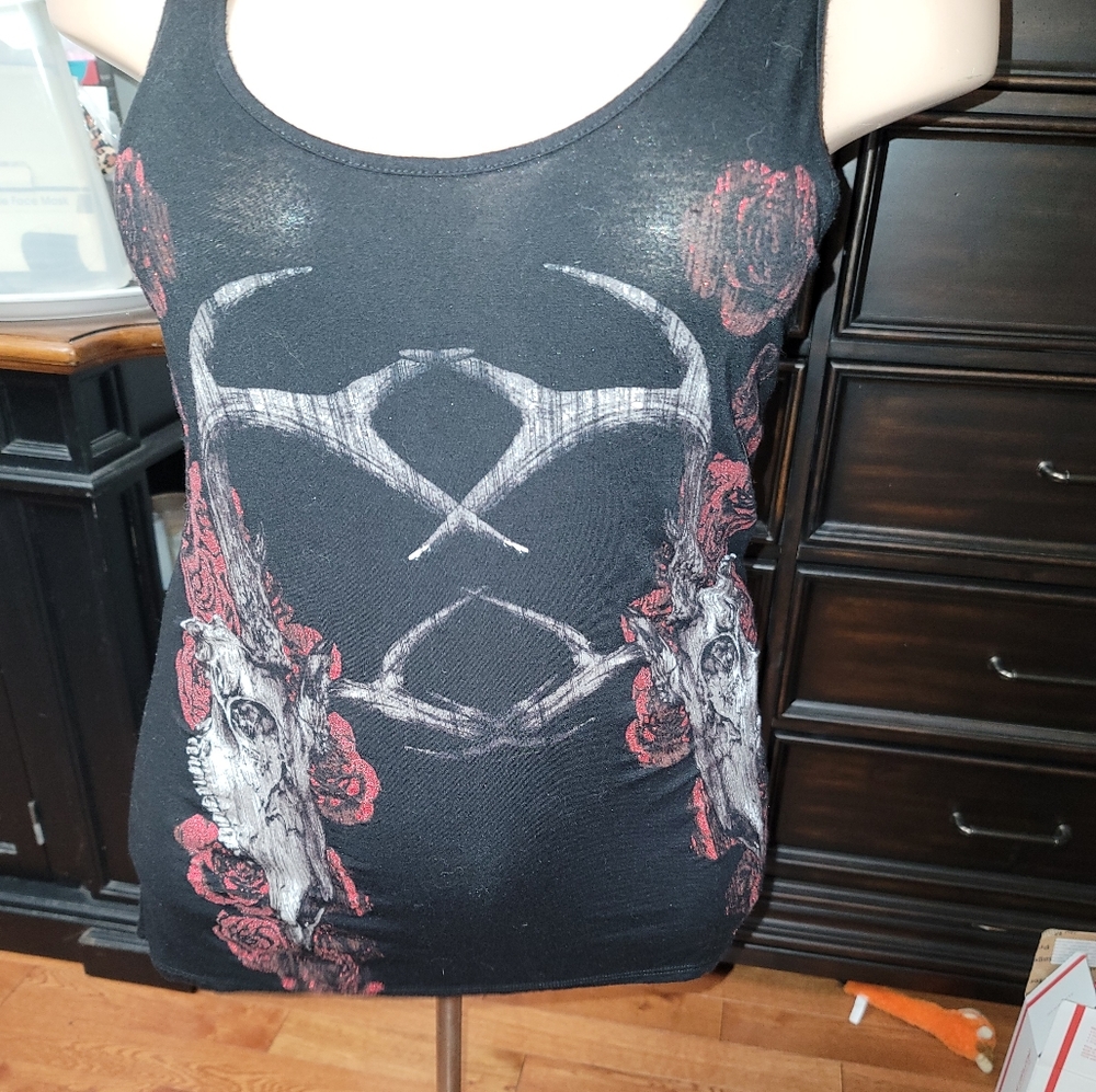 Long gothy blouse with red rose sparkles hot topic XL sheer back